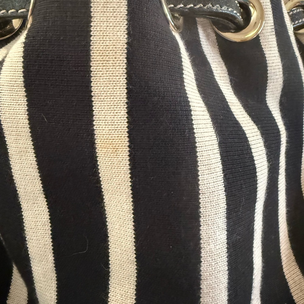 Kate Spade Striped Canvas Leather Hobo Bag Black White Drawstring Shoulder Tote - Picture 14 of 16